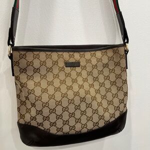 Gucci Brown and Beige GG Canvas Shoulder Bag with Web Strap